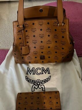 MCM Cognac Monogrammed Visetos Tote with Matching Wallet